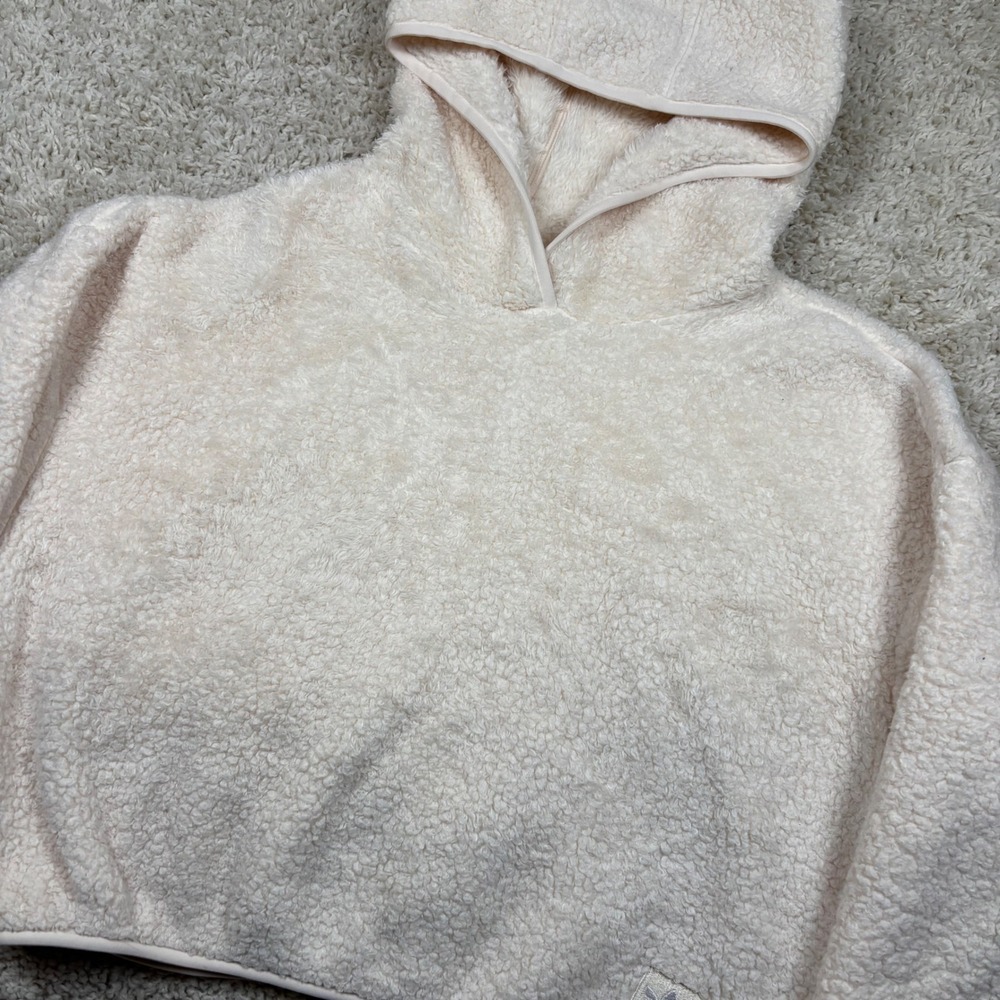 Adidas Sherpa Fleece Hoodie Women M Cream Cropped Pullover IC2254